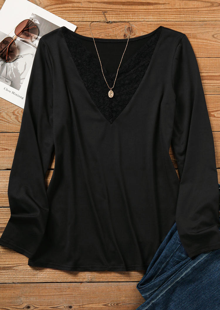 

Blouses Lace Splicing Long Sleeve Blouse in Black. Size