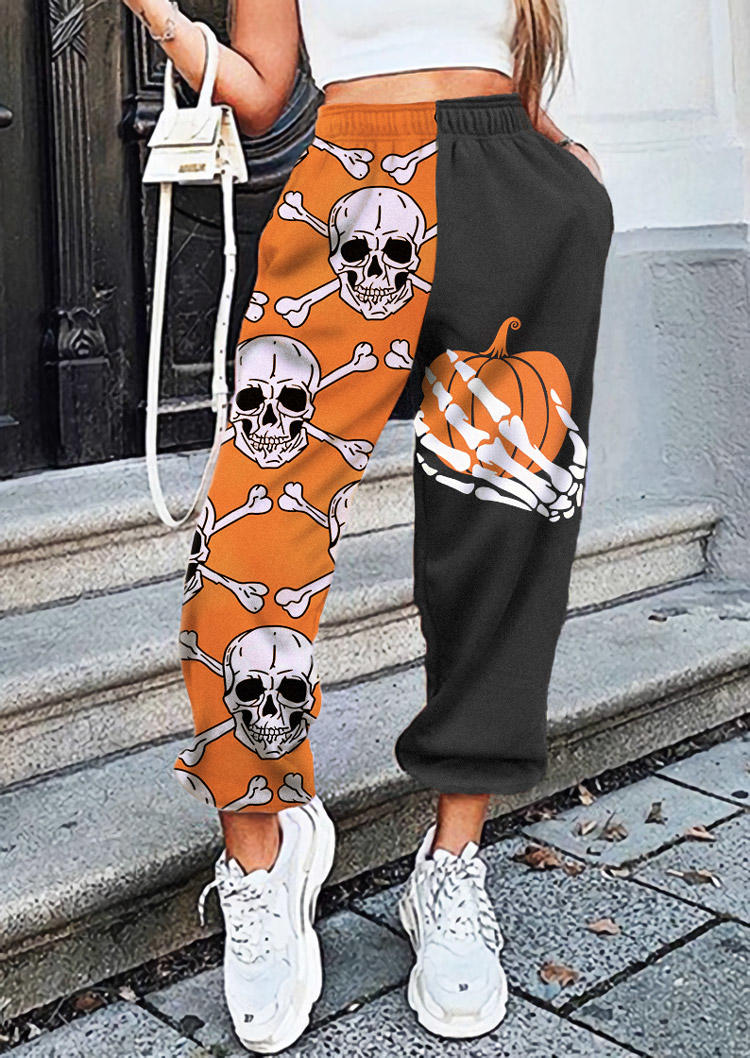 Pants Halloween Pumpkin Skull Skeleton Hand Elastic Waist Sweatpants in Multicolor. Size: L,M,S,XL