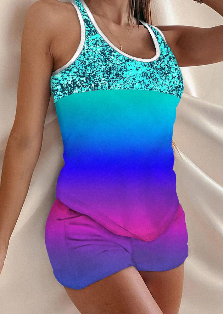 

Sleepwear Gradient Glitter O-Neck Tank And Shorts Pajamas Set in Multicolor. Size: ,M,L,XL