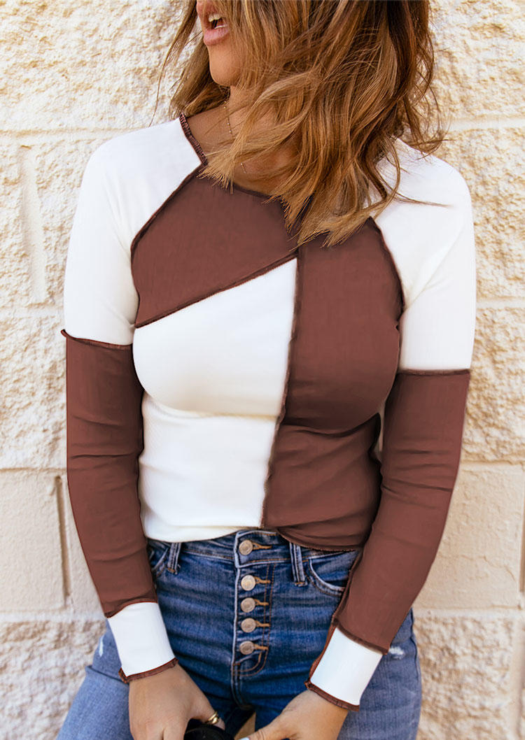 

Blouses Color Block Long Sleeve O-Neck Blouse in Brown. Size
