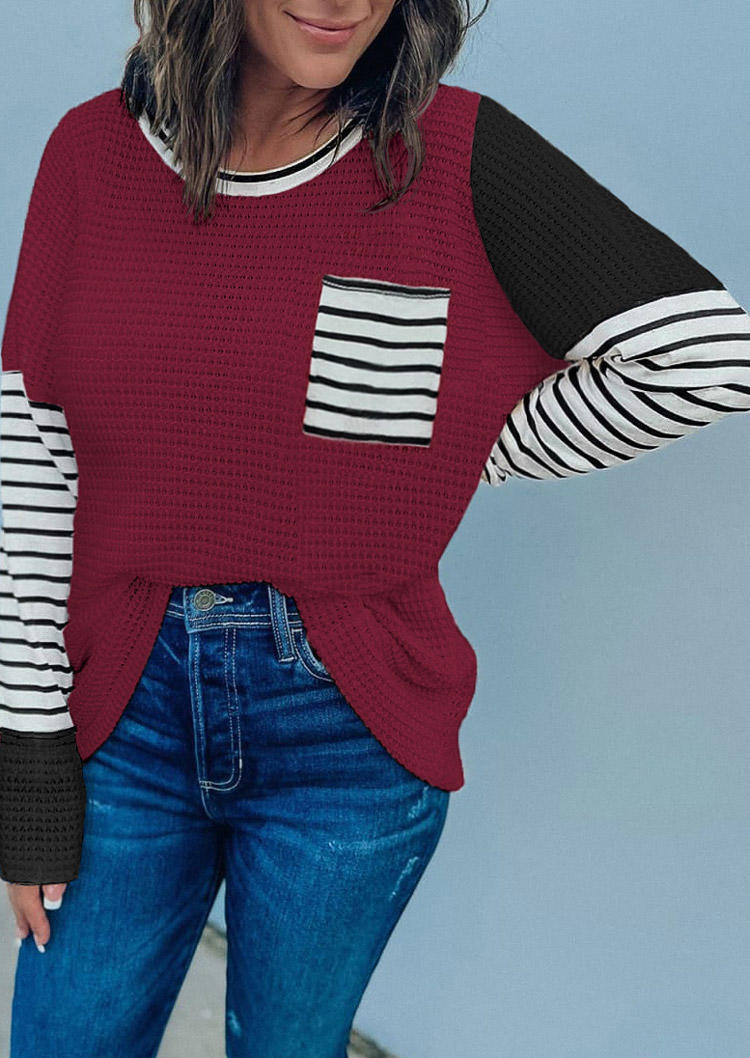 

Blouses Striped Pocket Long Sleeve Blouse - Burgundy in Red. Size: L,M