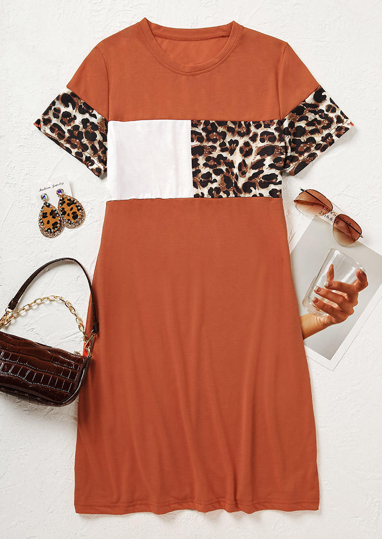 

Mini Dresses Color Block Leopard Short Sleeve Mini Dress in Orange. Size