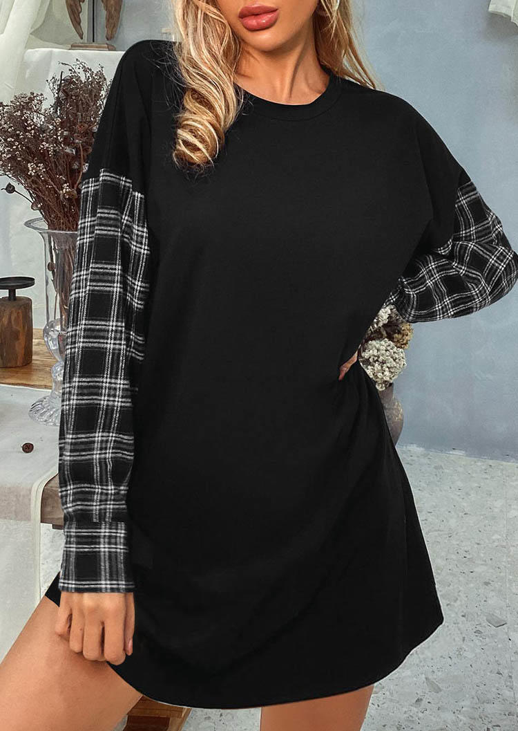 Mini Dresses Plaid O-Neck Sweatshirt Mini Dress in Black. Size: L,M,S,XL