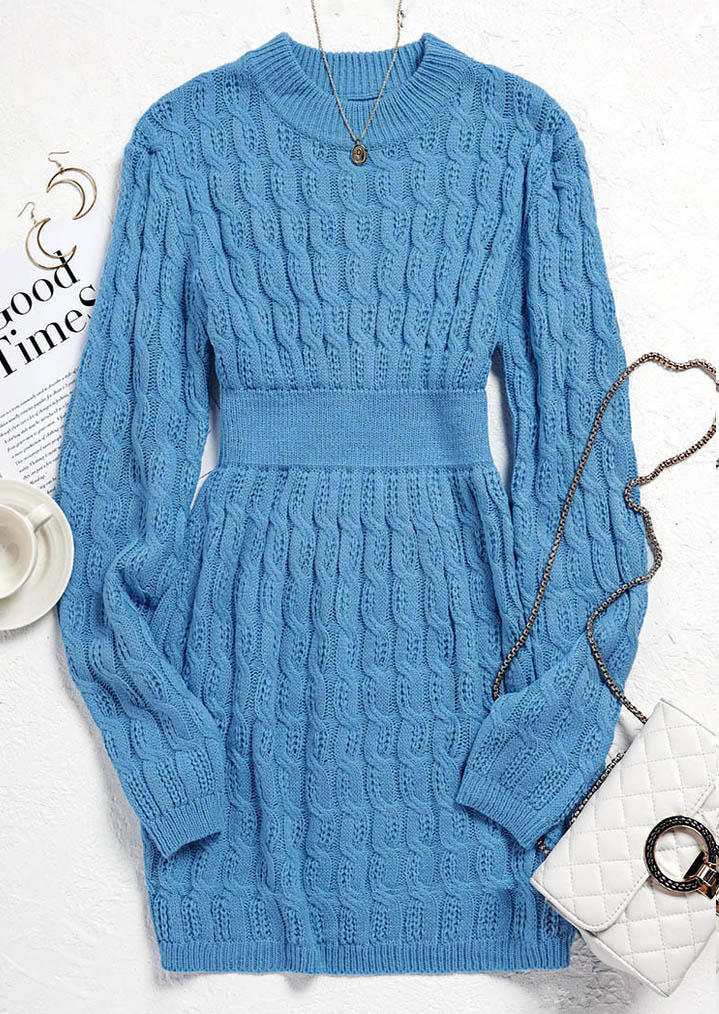 

Sweater Dresses Crochet Long Sleeve O-Neck Sweater Mini Dress in Blue. Size