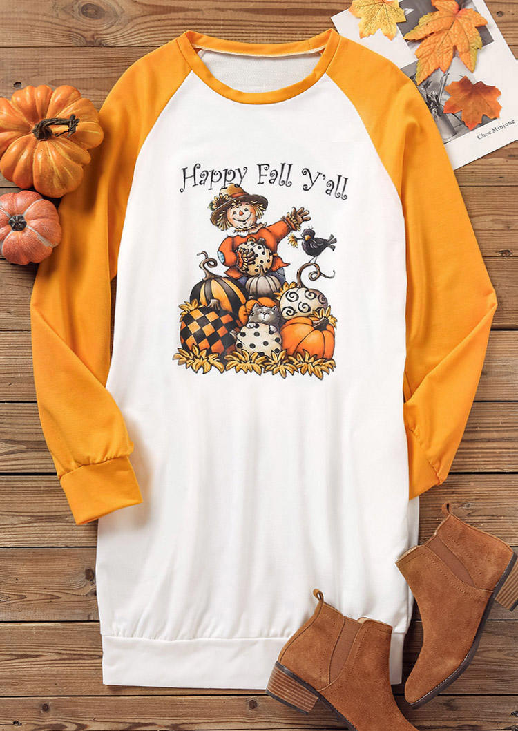 Happy Fall Yall Plaid Pumpkin Polka Dot Pocket Sweatshirt Mini Dress - White