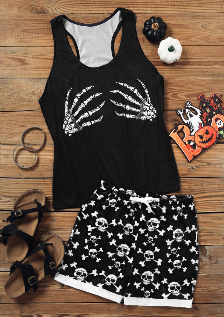 

Sleepwear Halloween Skeleton Hand Tank And Skull Shorts Pajamas Set in Black. Size