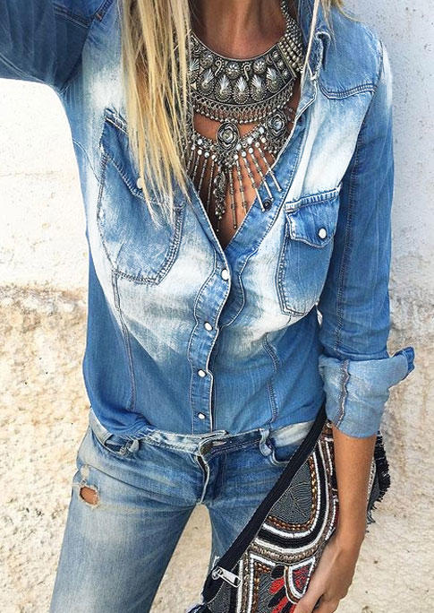 

Shirts Pocket Snap Button Denim Long Sleeve Shirt in Blue. Size