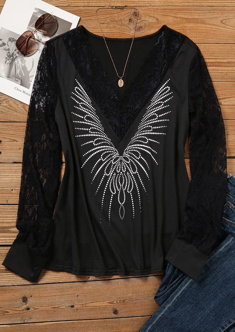 

Blouses Lace Splicing Long Sleeve Blouse in Black. Size