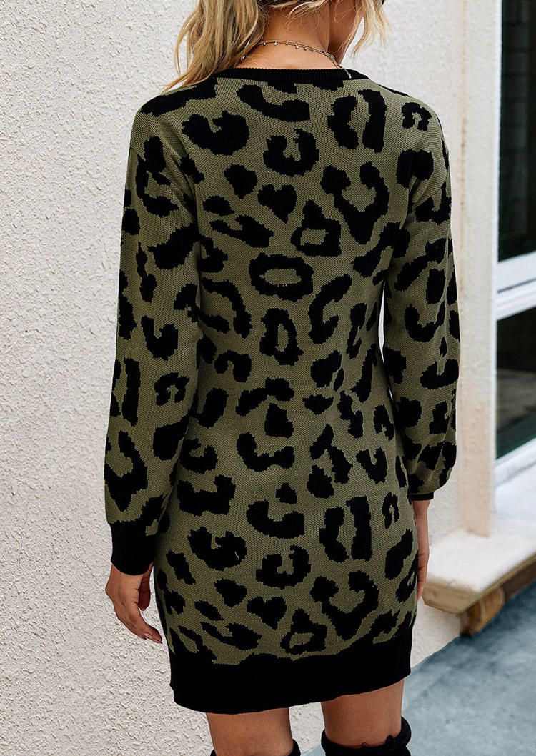 Leopard Knitted Long Sleeve Mini Dress - Green
