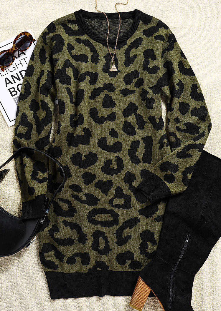 

Mini Dresses Leopard Knitted Long Sleeve Mini Dress in Green. Size