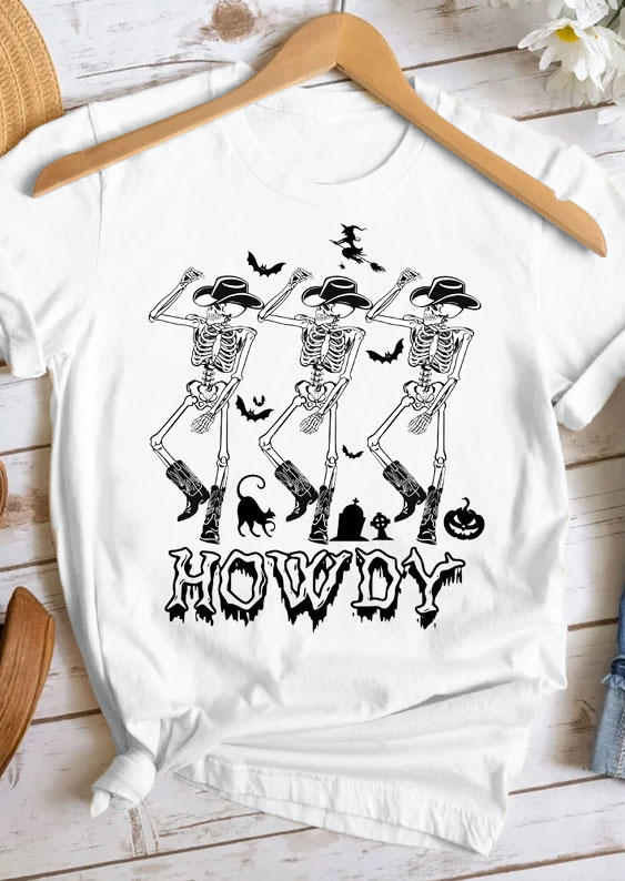 T-shirts Tees Halloween Howdy Cowboy Skeleton Bat T-Shirt Tee in White. Size: L,M,S,XL
