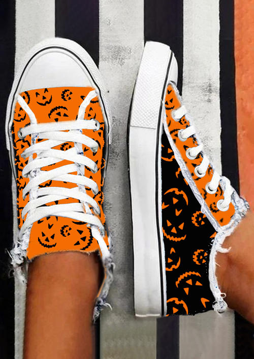 Sneakers Halloween Pumpkin Face Lace Up Flat Sneakers in Multicolor. Size: 37,38,39