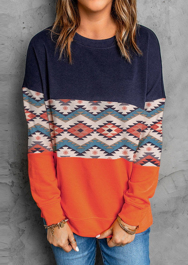 Aztec Geometric Color Block Long Sleeve Pullover Sweatshirt