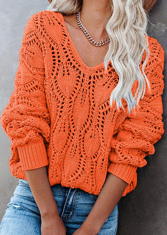 Sweaters Crochet Long Sleeve Knitted Sweater in Orange. Size: L,S,XL