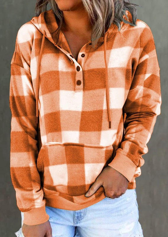 

Hoodies Plaid Kangaroo Pocket Snap Button Hoodie in Orange. Size: ,XL