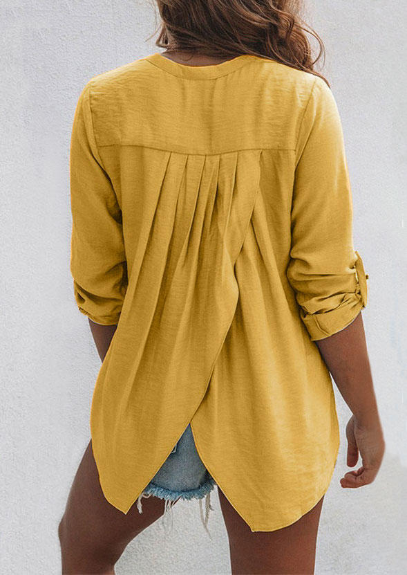 Shirts Ruffled Tab-Sleeve Notched Neck Shirt in Yellow. Size: XL