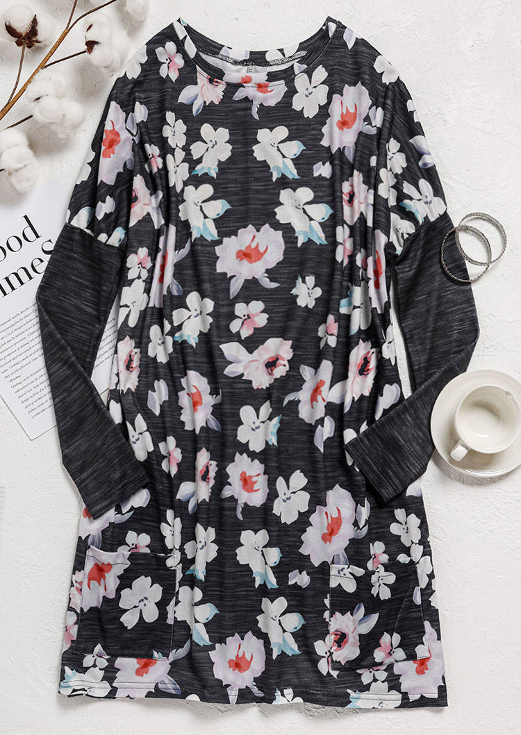 

Mini Dresses Floral Pocket Long Sleeve O-Neck Mini Dress in Multicolor. Size: L,M,,XL