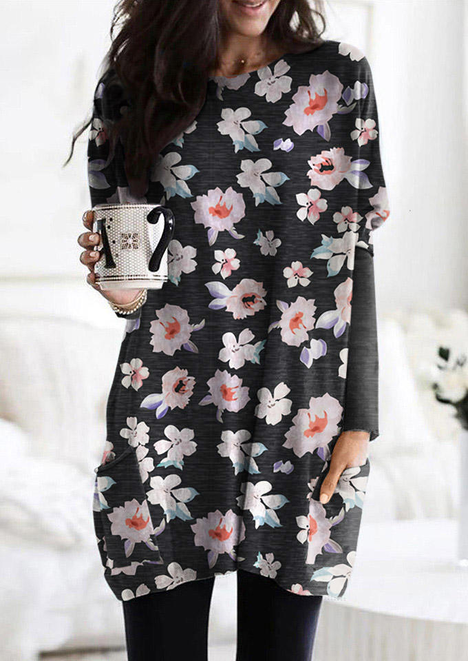Floral Pocket Long Sleeve O-Neck Mini Dress