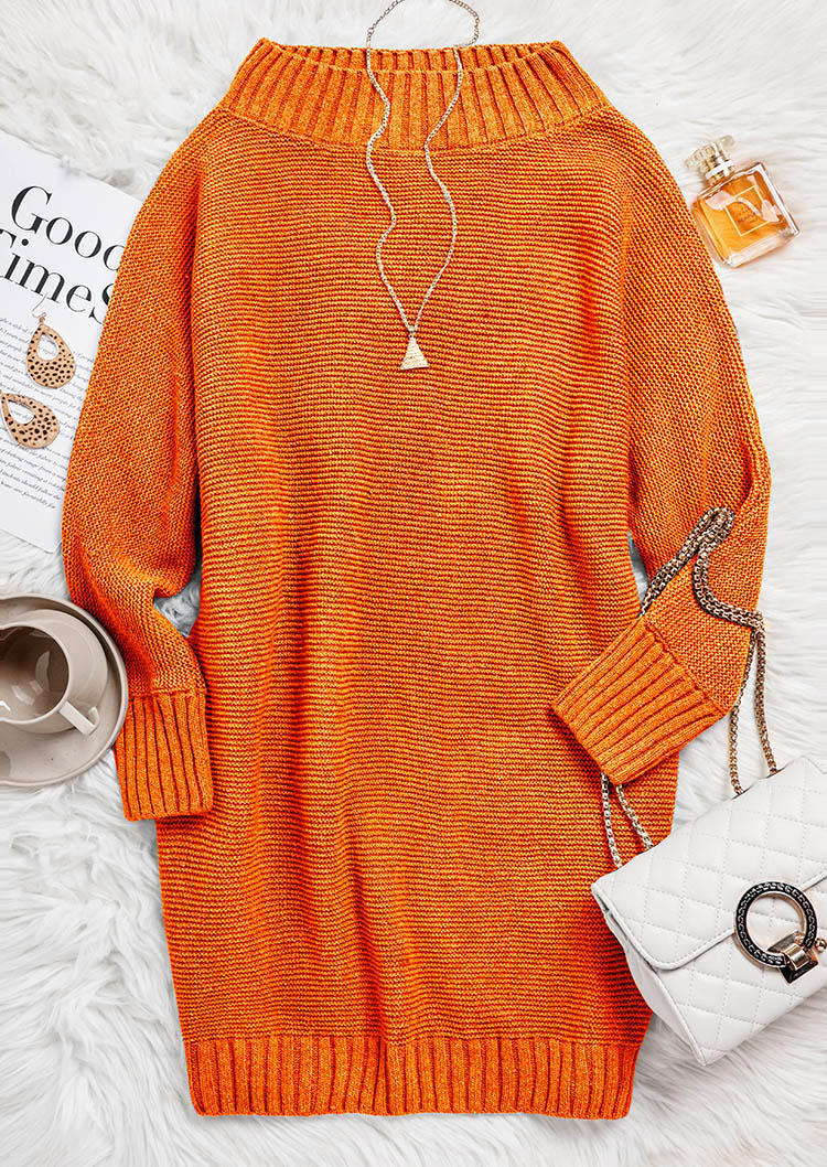 Mini Dresses O-Neck Long Sleeve Sweater Mini Dress in Orange. Size: L,M,S,XL