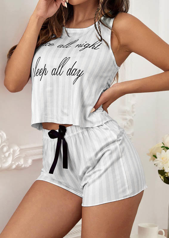 Sleepwear Dance All Night Sleep All Day Striped Tank And Shorts Pajamas Set in Gray. Size: L,M,S,XL