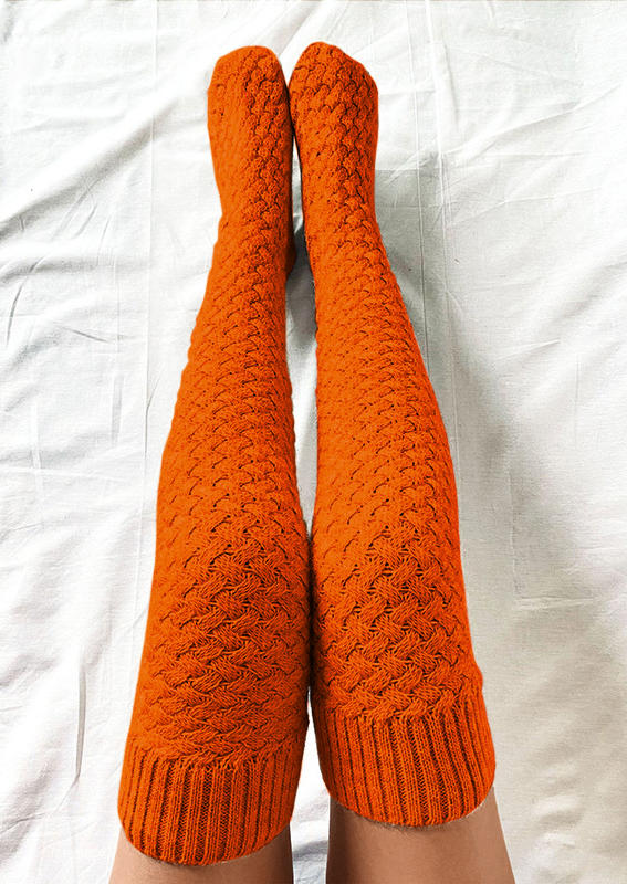Knee-High Socks Soft Warm Crochet Over Knee Long Socks in Black,Orange. Size: One Size
