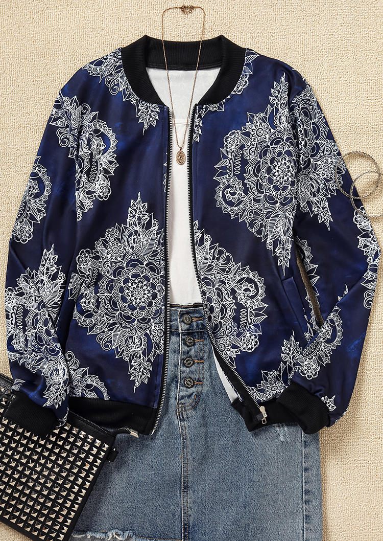 Coats Western Floral Zipper Long Sleeve Coat in Blue. Size: XL