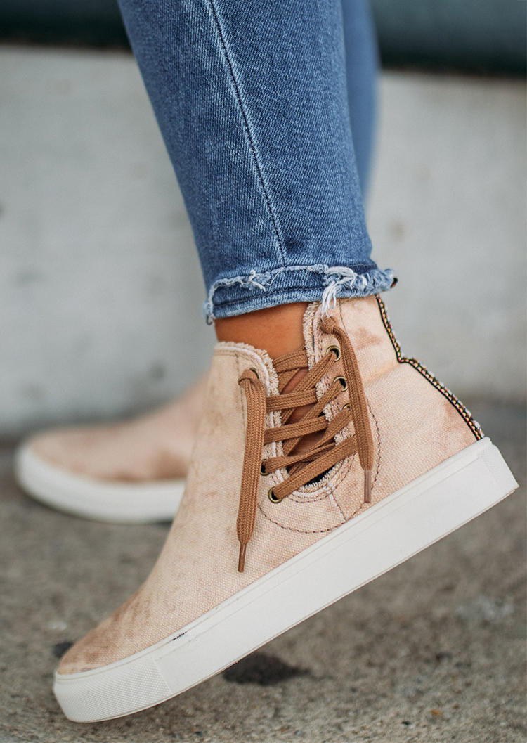 Lace Up Zipper Flat Sneakers - Apricot