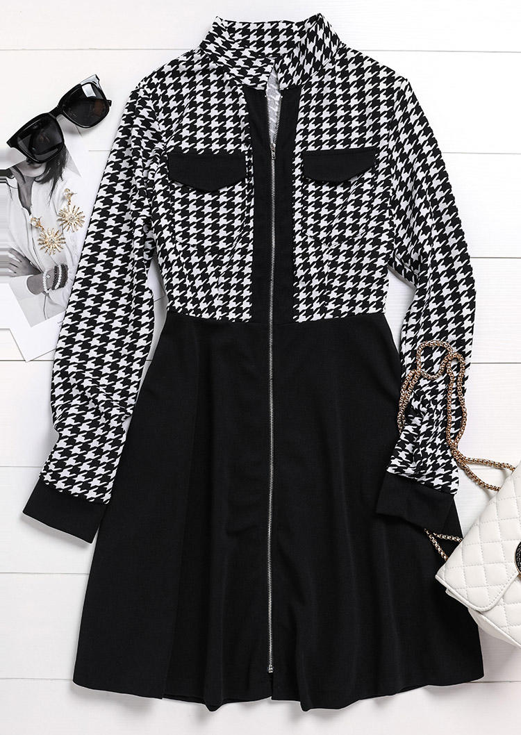 Mini Dresses Houndstooth Pocket Zipper Mini Dress in Black. Size: L,M,XL