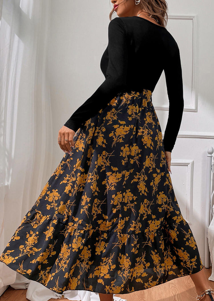 Floral Long Sleeve V-Neck Maxi Dress - Black