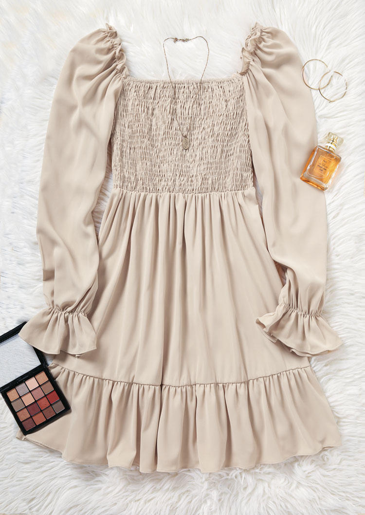 Mini Dresses Ruffled Smocked Puff Sleeve Mini Dress in Apricot. Size: 2XL