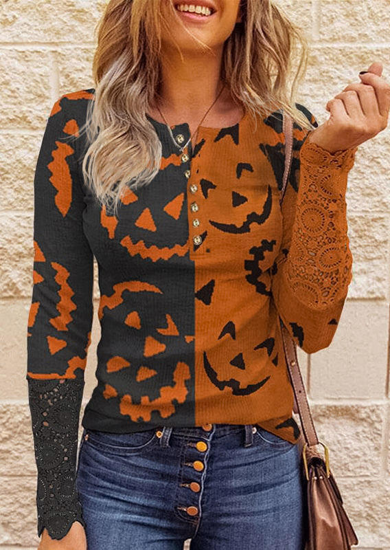 Halloween Pumpkin Face Color Block Lace Splicing Button Blouse