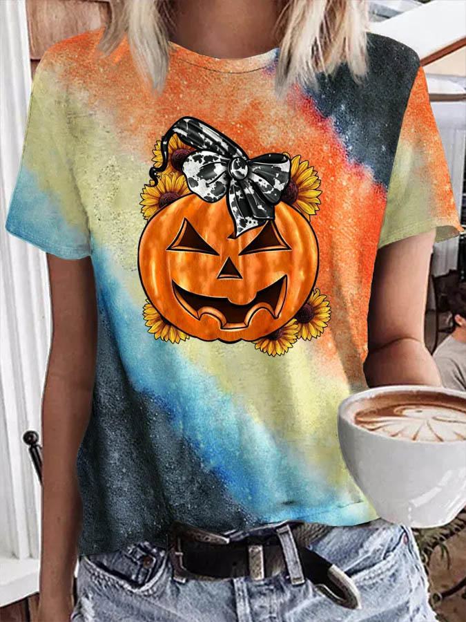 Halloween Tie Dye Pumpkin Face Sunflower T-Shirt Tee