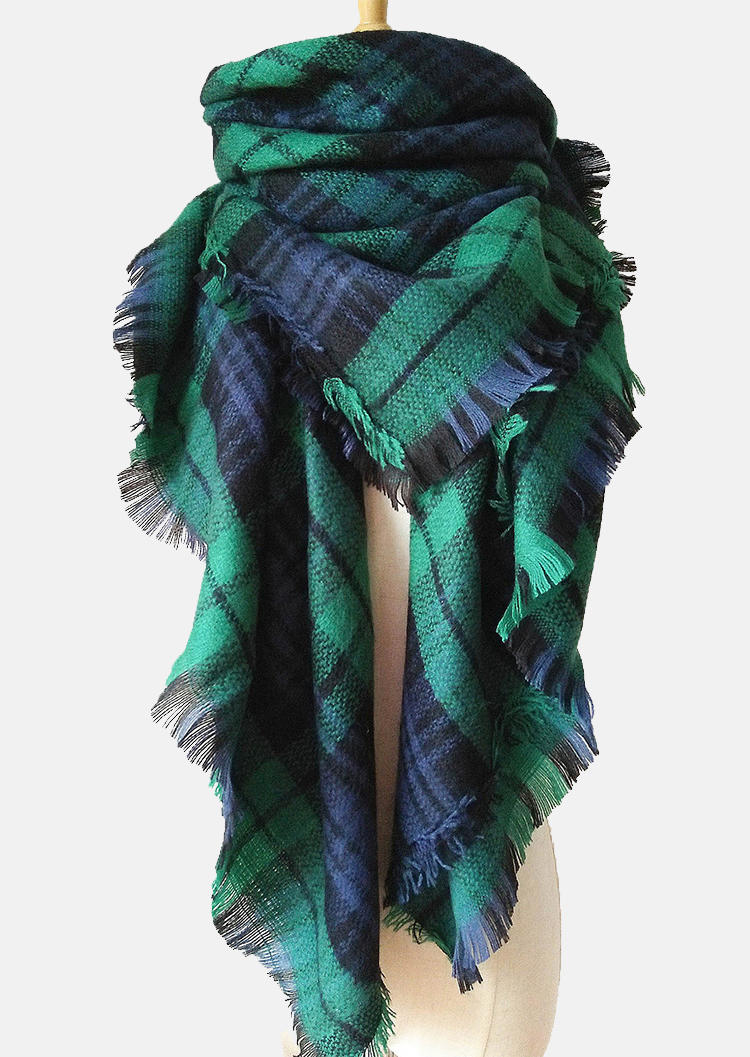

Scarves Colorful Plaid Frayed Warm Shawl Scarf in Green. Size