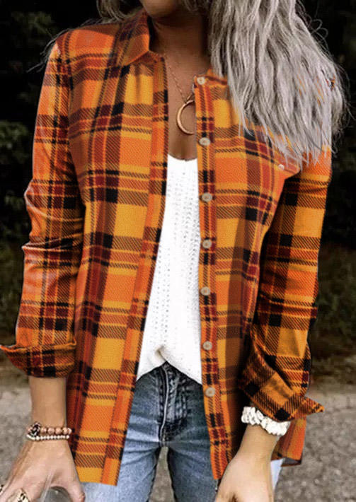 Plaid Button Tab-Sleeve Shirt - Orange