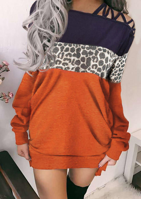 Mini Dresses Leopard Color Block Criss-Cross Sweatshirt Mini Dress in Multicolor. Size: L,M,S,XL