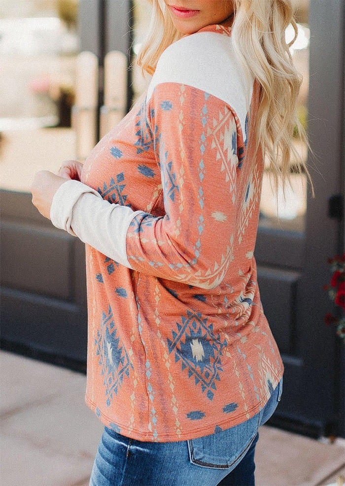 

Blouses Aztec Geometric Long Sleeve O-Neck Blouse in Orange. Size