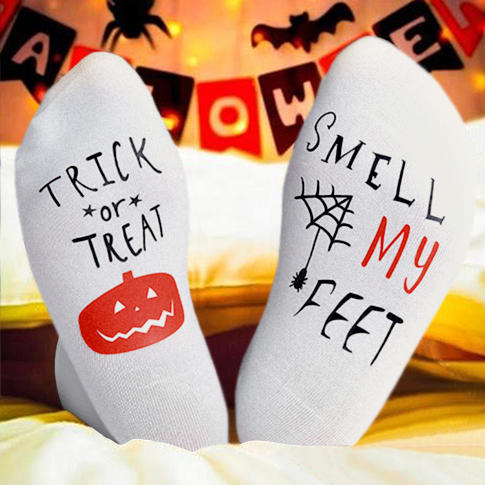 Halloween Trick Or Treat Smell My Feet Pumpkin Face Crew Socks - White