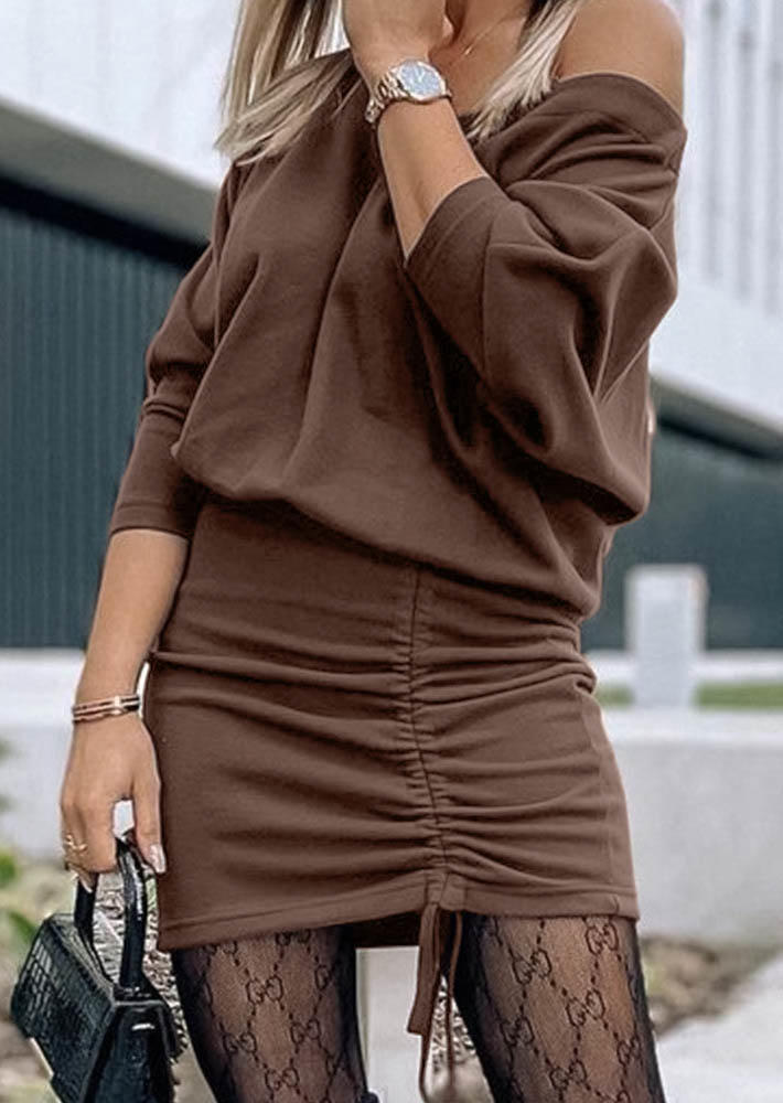 Bodycon Dresses Drawstring Long Sleeve Bodycon Dress - Coffee in Brown. Size: L,M,S,XL