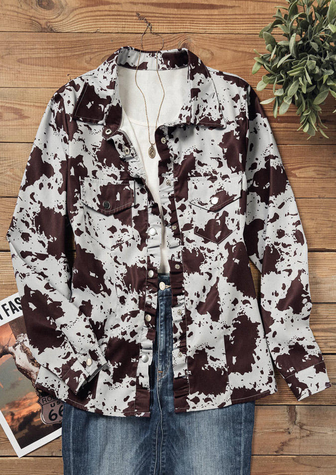 

Jackets Cow Snap Button Pocket Ruffled Long Sleeve Jacket in Multicolor. Size