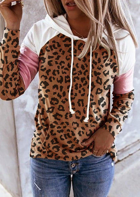 

Hoodies Leopard Color Block Kangaroo Pocket Hoodie in Multicolor. Size