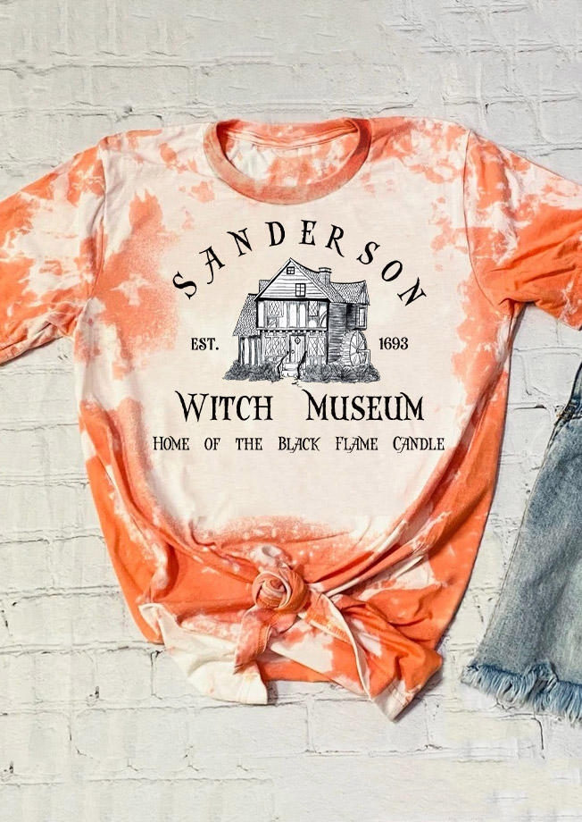 

T-shirts Tees Halloween Witch Museum Home Of The Black Flame Candle Bleached T-Shirt Tee in Orange. Size: L,,XL