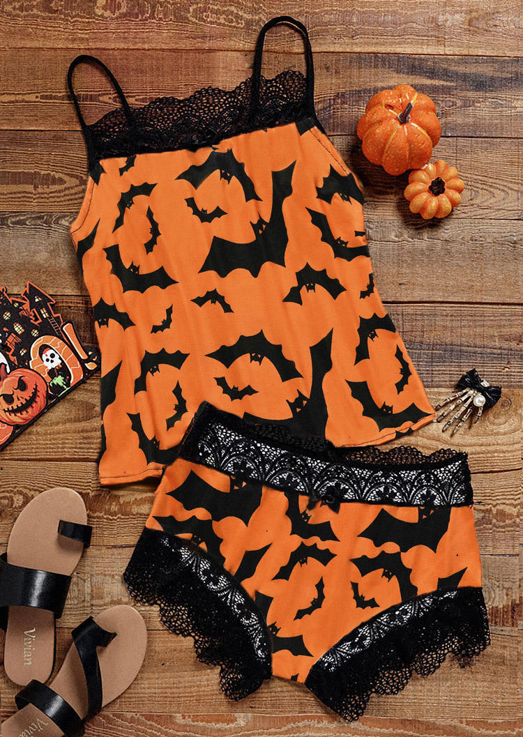 Sleepwear Halloween Bat Lace Splicing Camisole And Shorts Pajamas Set in Orange. Size: M,S,XL