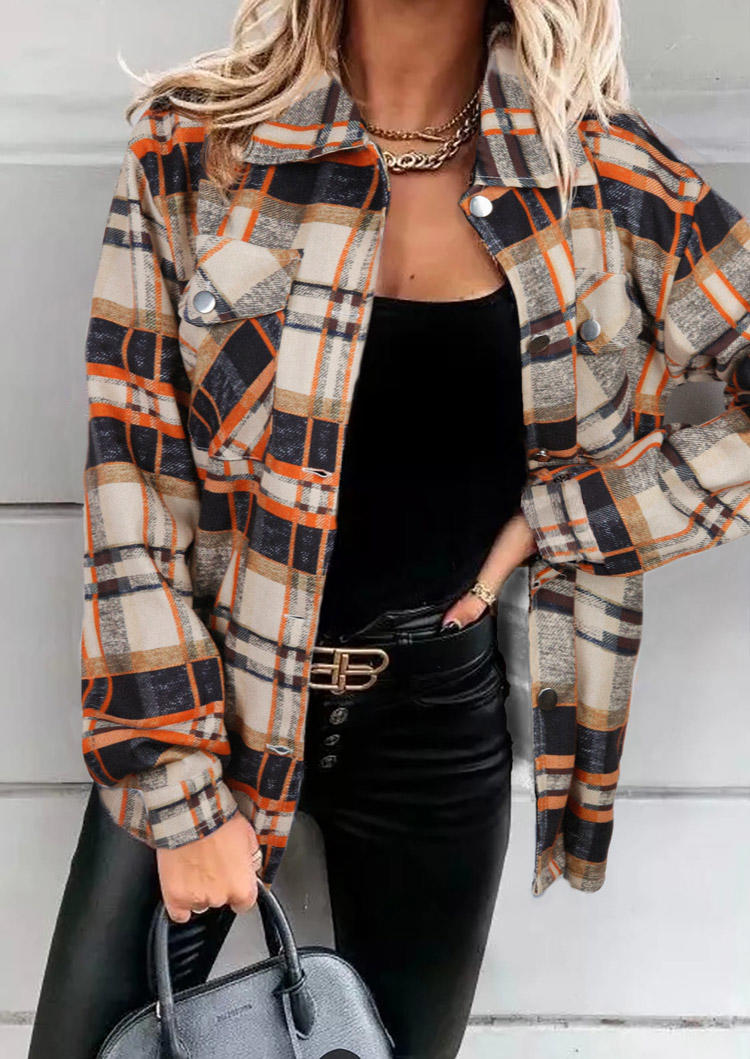 

Coats Plaid Pocket Button Turn-down Collar Shirt Coat in Multicolor. Size