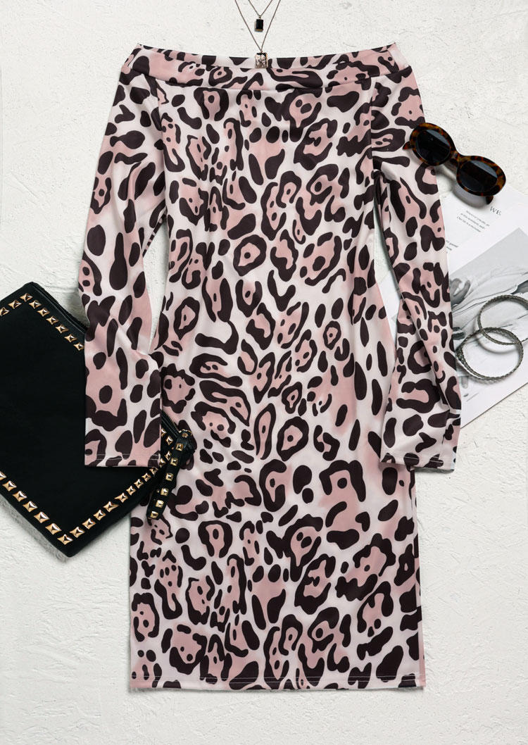 Leopard Off Shoulder Long Sleeve Mini Dress without Belt
