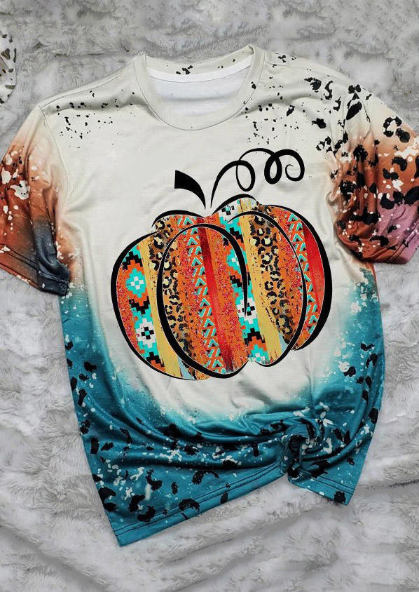 T-shirts Tees Pumpkin Aztec Geometric Leopard Bleached T-Shirt Tee in Multicolor. Size: 3XL,L,S,XL