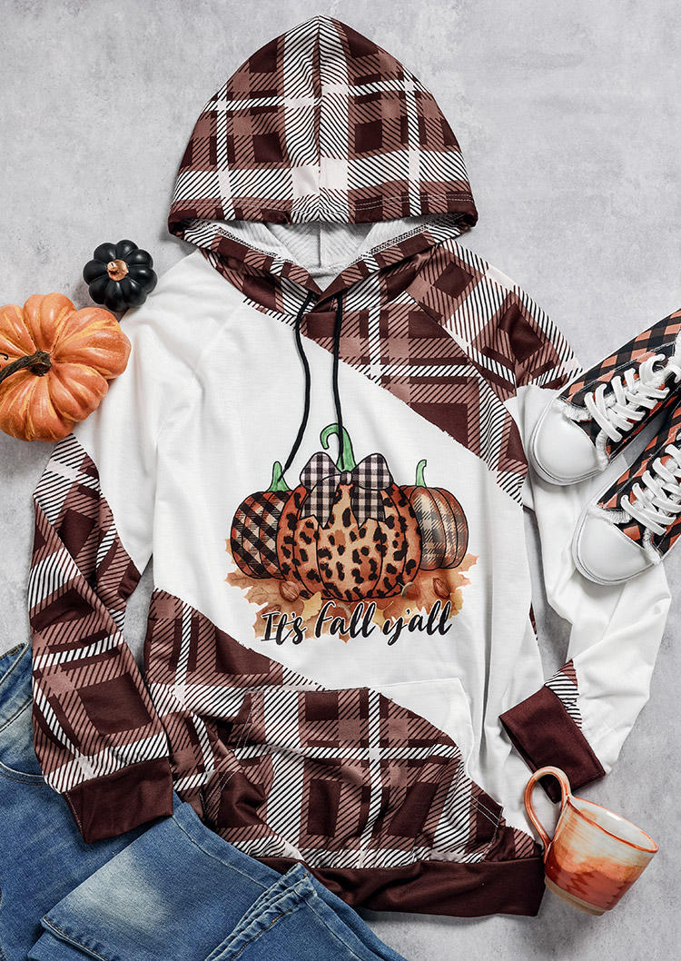 Thanksgiving It's Fall Y'all Pumpkin Leopard Plaid Hoodie - Brown