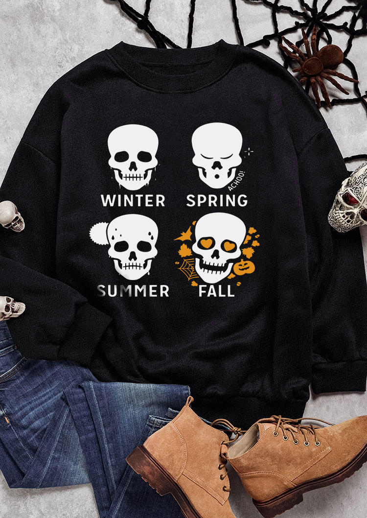 Halloween Winter Spring Summer Fall Skull Pumpkin Face Sweatshirt - Black