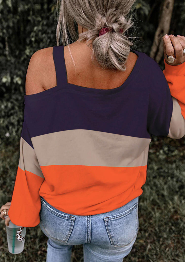 Blouses Color Block One Sided Cold Shoulder Blouse in Multicolor. Size: L,M,S,XL