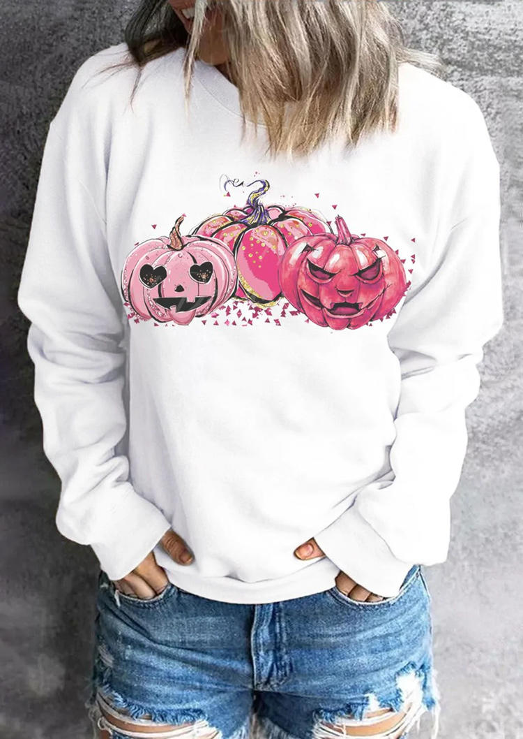 Sweatshirts Halloween Pumpkin Face O-Neck Sweatshirt in White. Size: L,M,S,XL