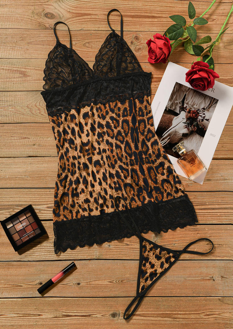 

Lingerie Lace Splicing Leopard See-Through Lingerie Set in Black. Size